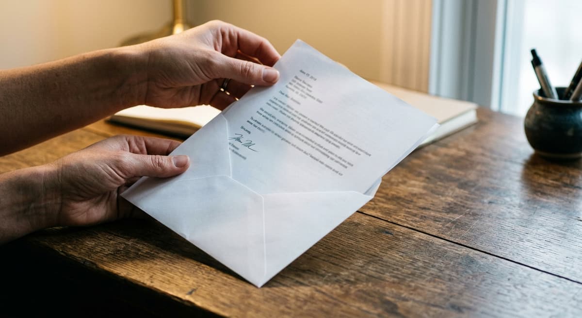 Michigan hands placing a document into a white envelope