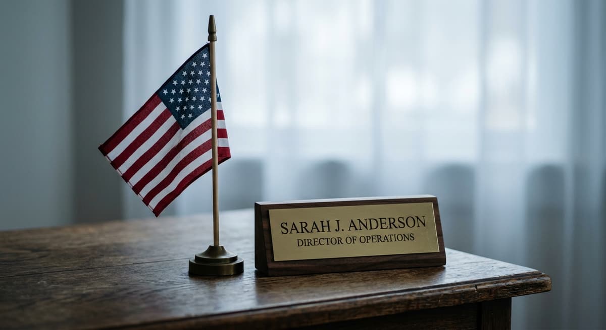 small American flag standing on a desk beside a nameplate