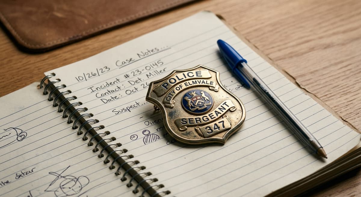 Michigan police badge resting on a notebook