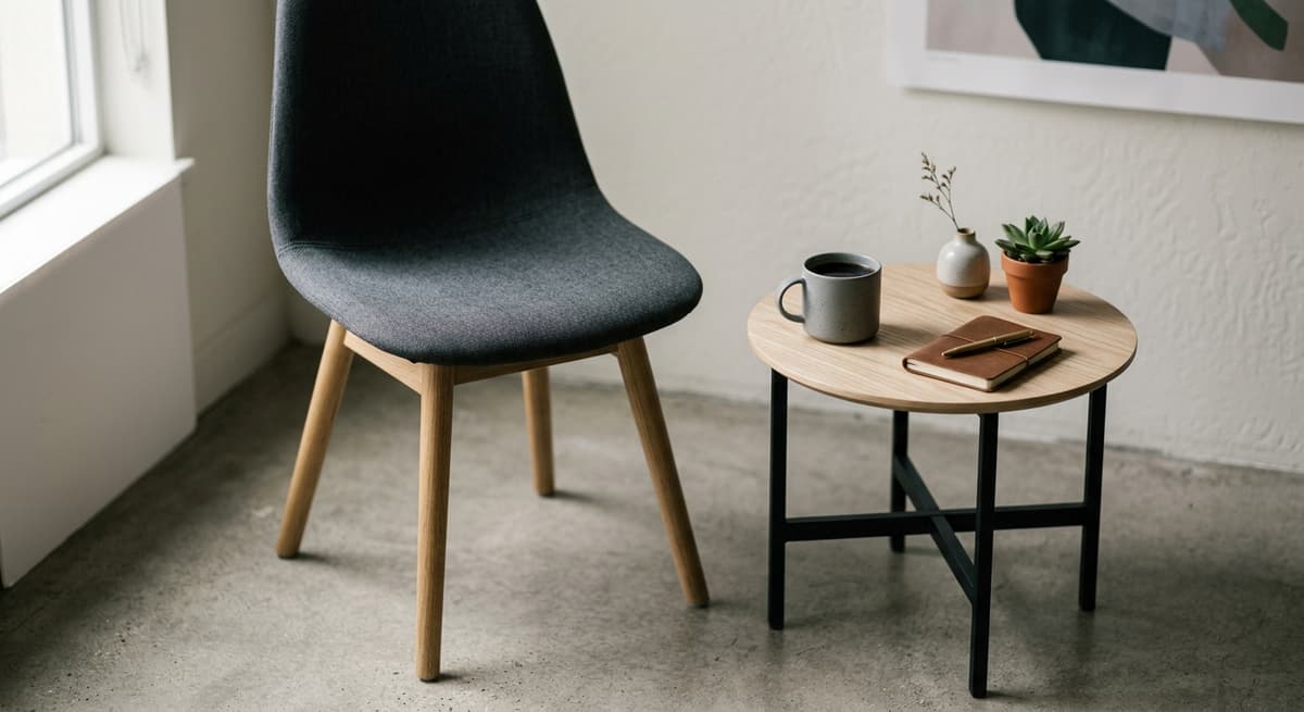 modern office reception area with a single chair and small table