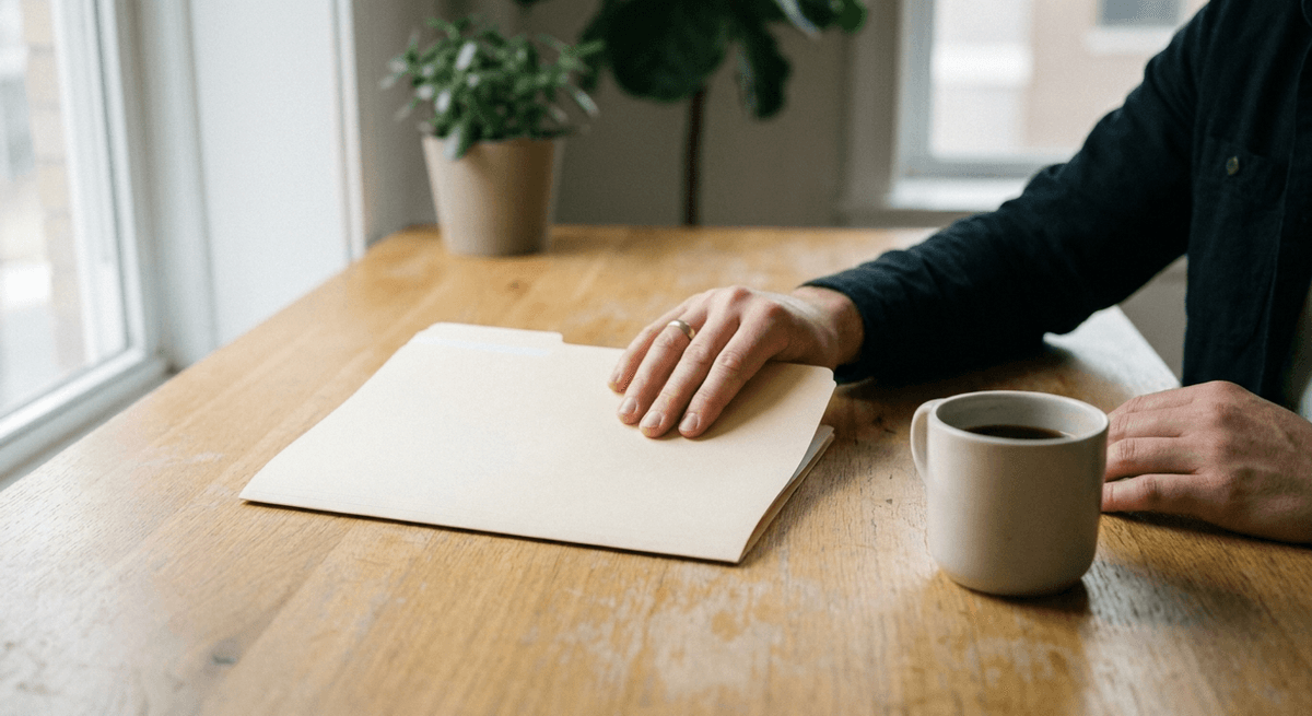 A hand resting on a closed plain manila folder on an oak desk beside a mug of coffee