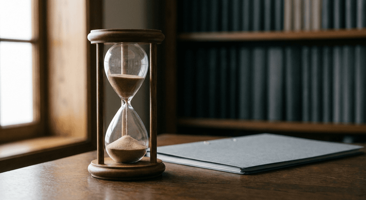 A wooden sand hourglass on a dark desk beside a closed grey folder, bookshelf blurred behind
