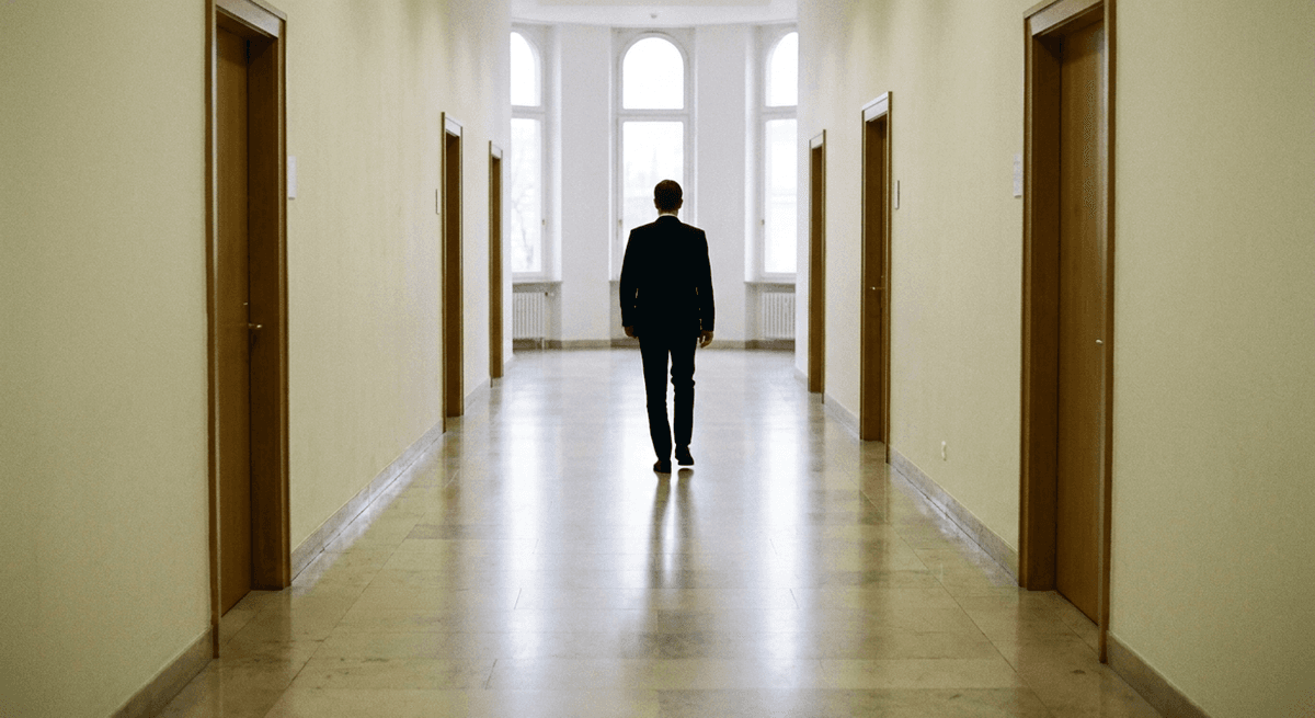 Person in a dark suit seen from behind walking down a long empty corridor with plain wooden doors