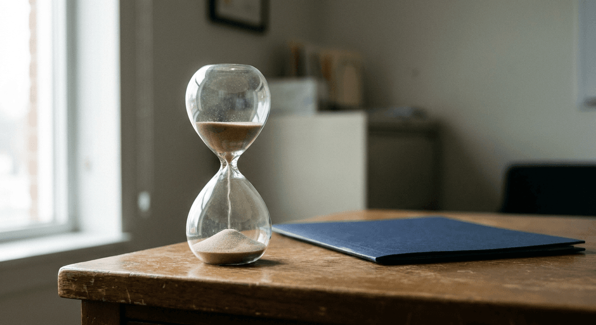 a glass hourglass with sand running beside a closed navy folder on a wooden desk