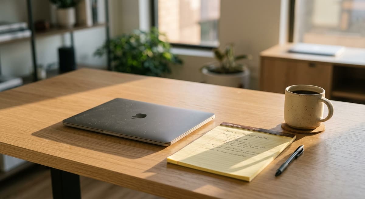 New Mexico clean desk with a laptop, legal pad, and coffee mug in a modern office