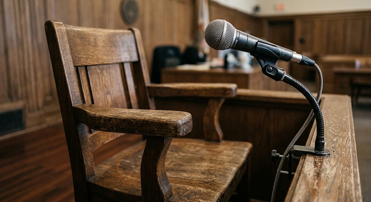 Rhode Island witness chair in a courtroom with a microphone