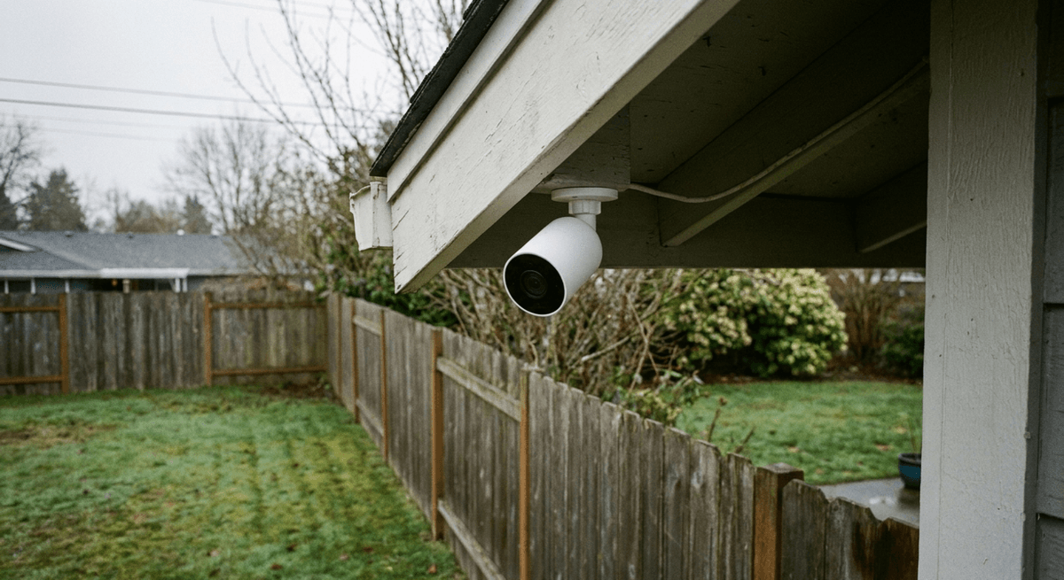 A small white security camera mounted under a house eave, aimed along a wooden fence and a neighboring yard