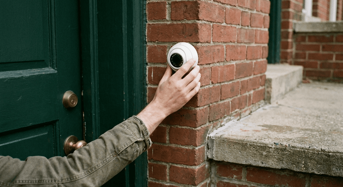 A hand adjusting a small white dome security camera mounted on a brick wall beside a green front door