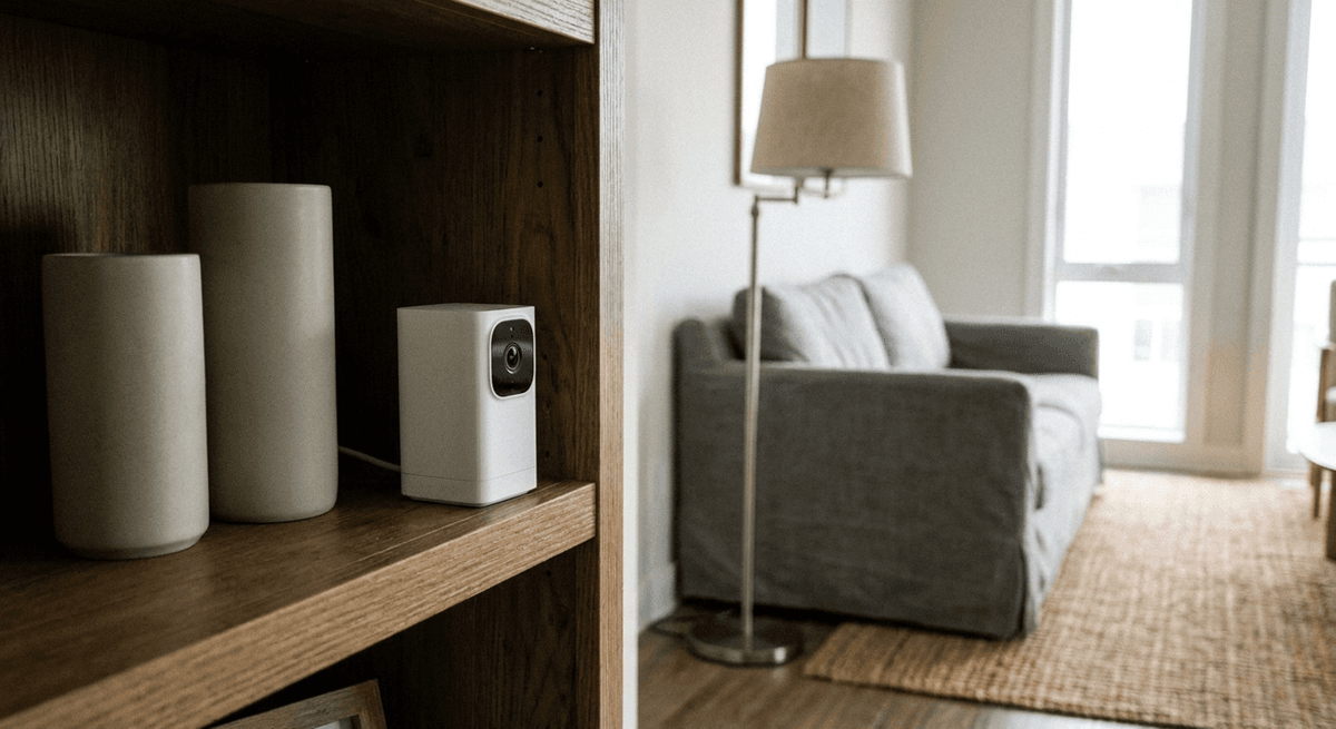 A small white indoor security camera on a bookshelf facing a softly blurred living room