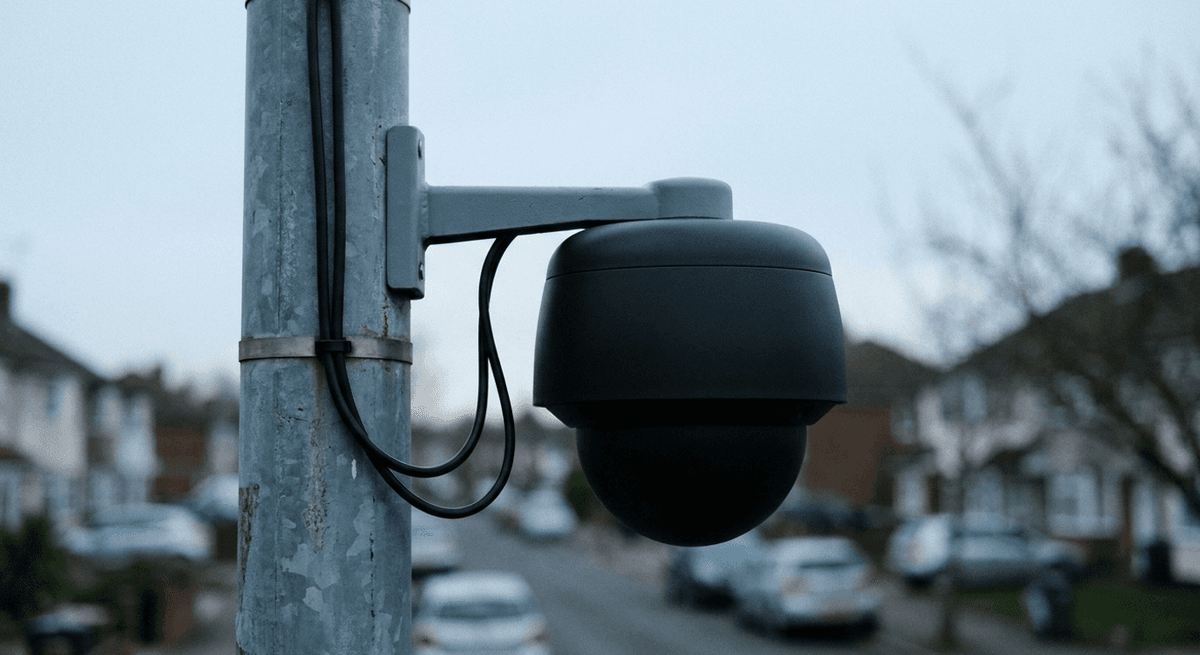 A plain black dome security camera on a metal utility pole above a blurred residential street