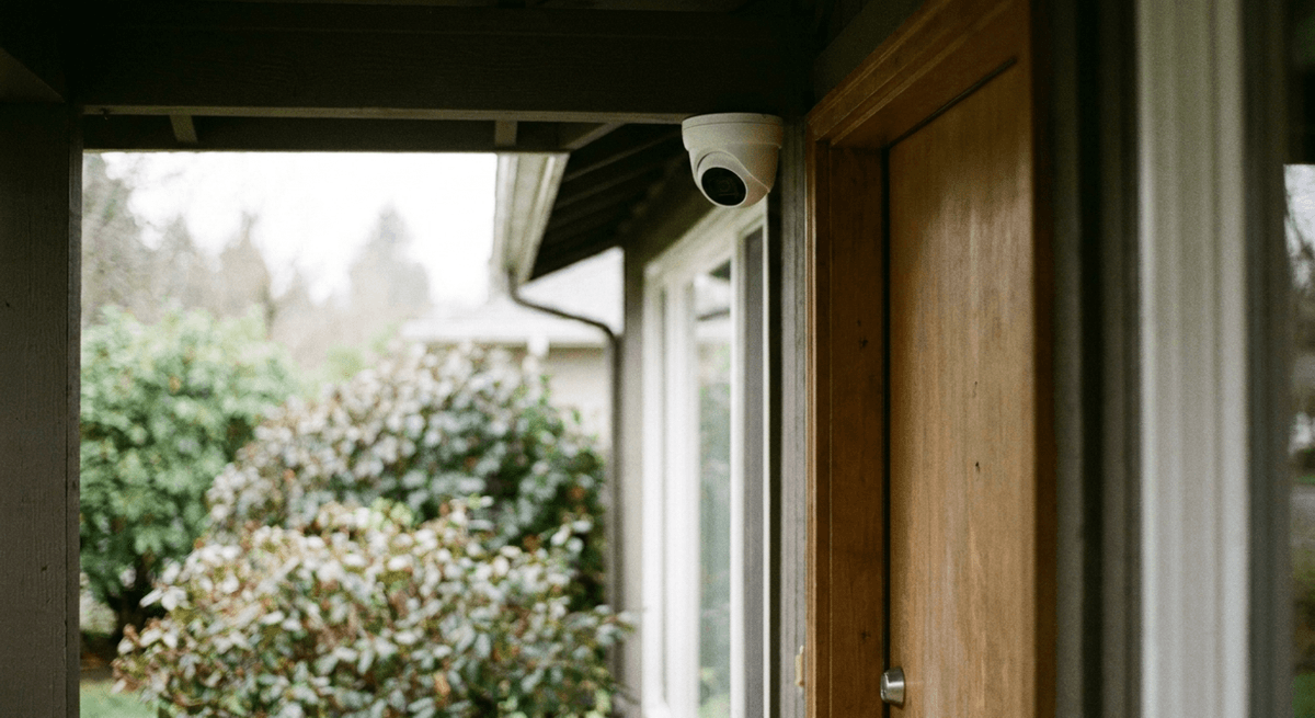 Small white dome security camera under a porch roof beside a wooden front door