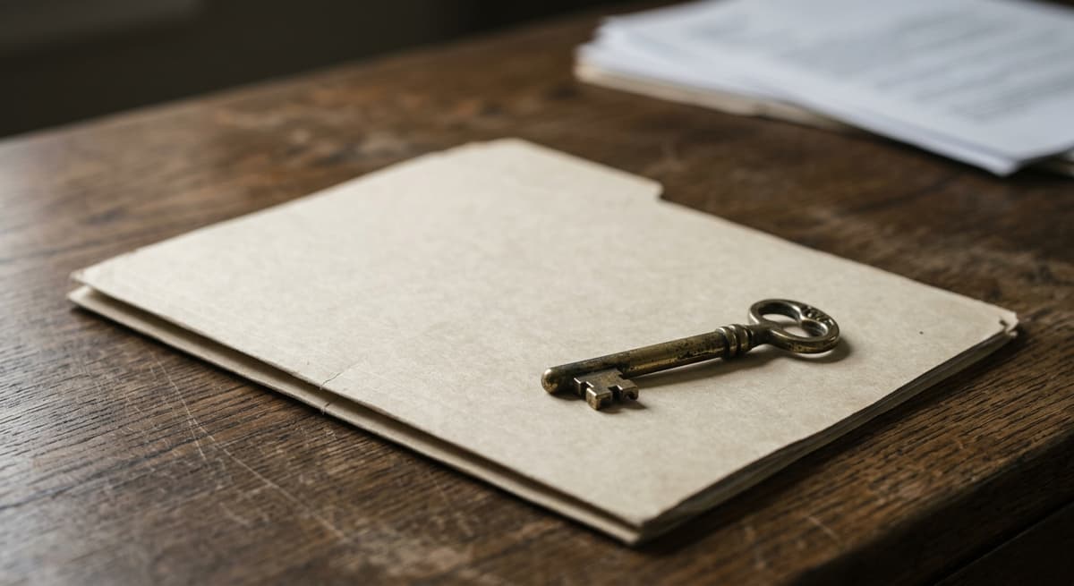 brass key lying on a closed manila folder