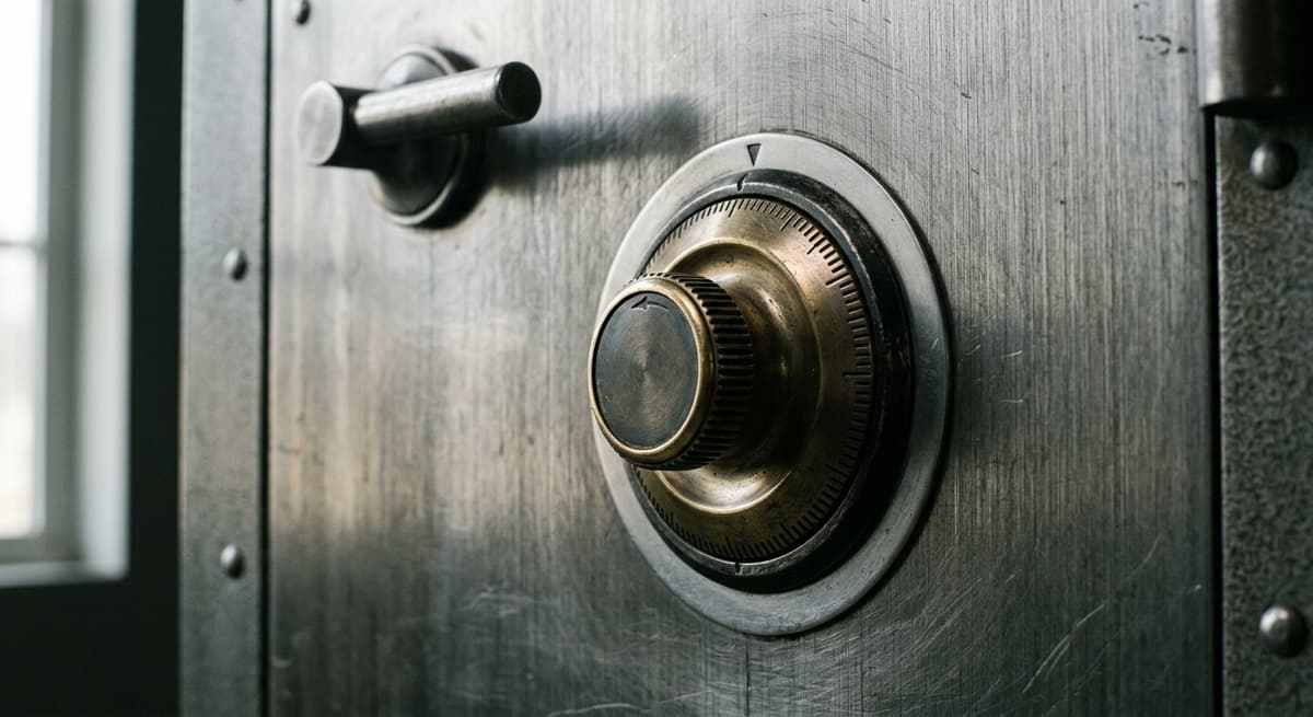 combination dial on a brushed steel safe door