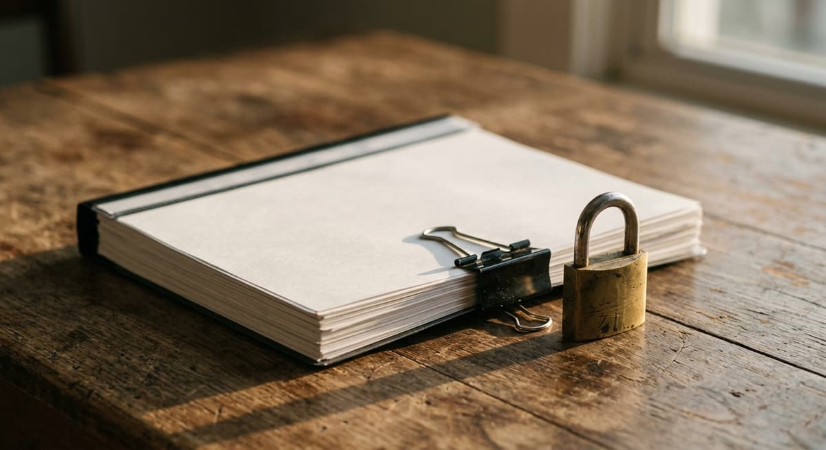 bound documents clamped with a binder clip beside a padlock