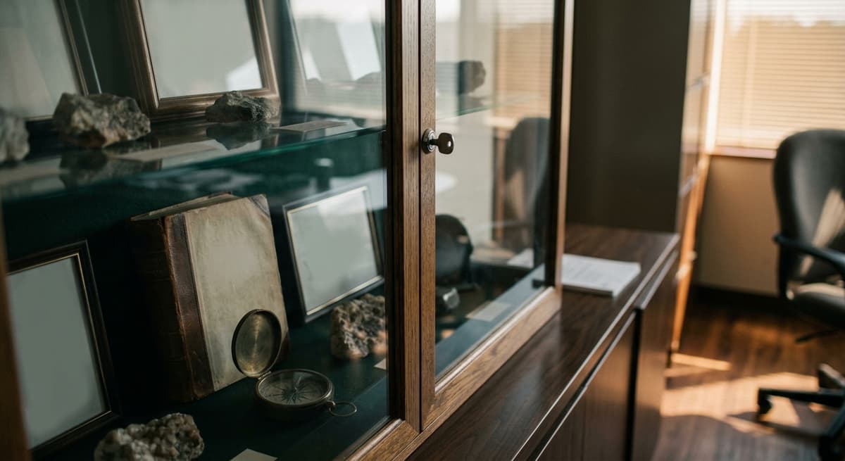locked glass display cabinet in a quiet office