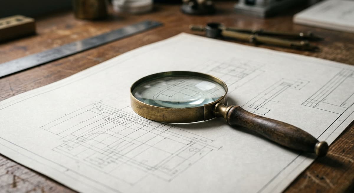 magnifying glass resting on a blank technical drawing