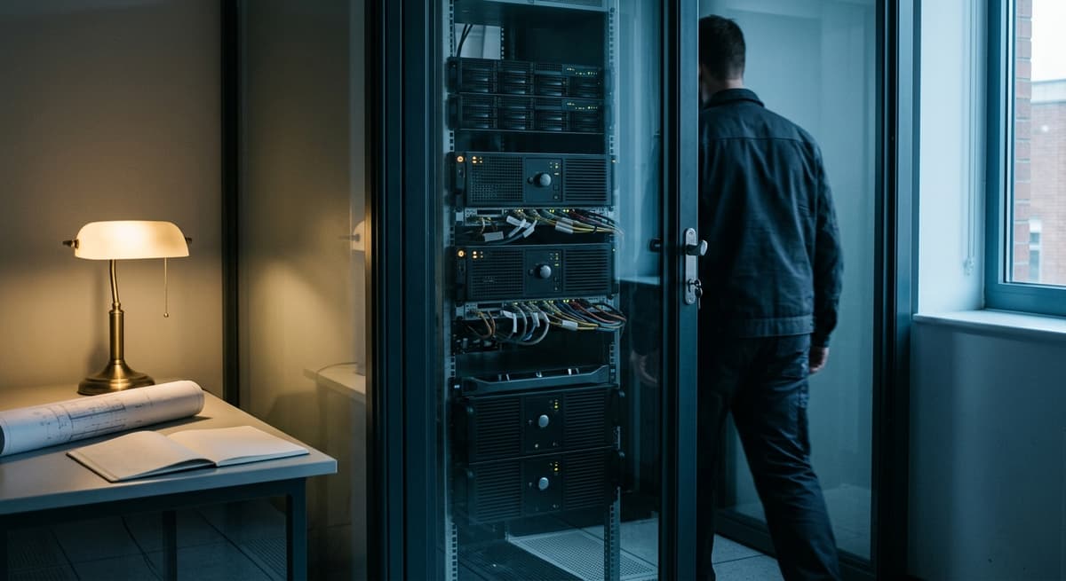 server rack behind a locked glass panel