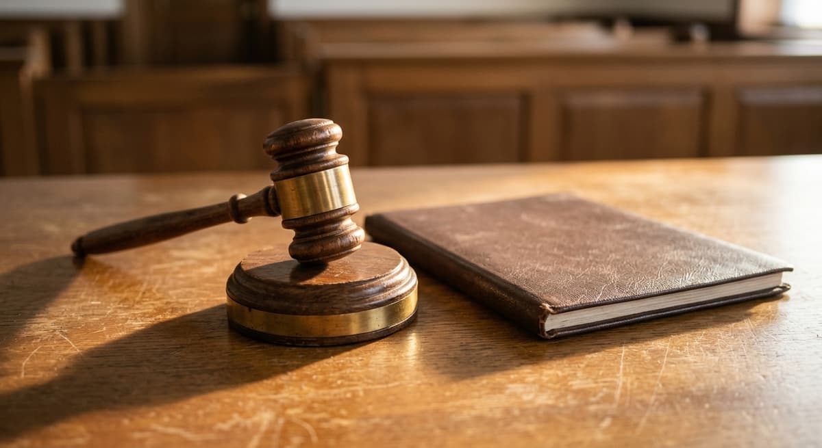 wooden gavel on a sound block beside a closed folder