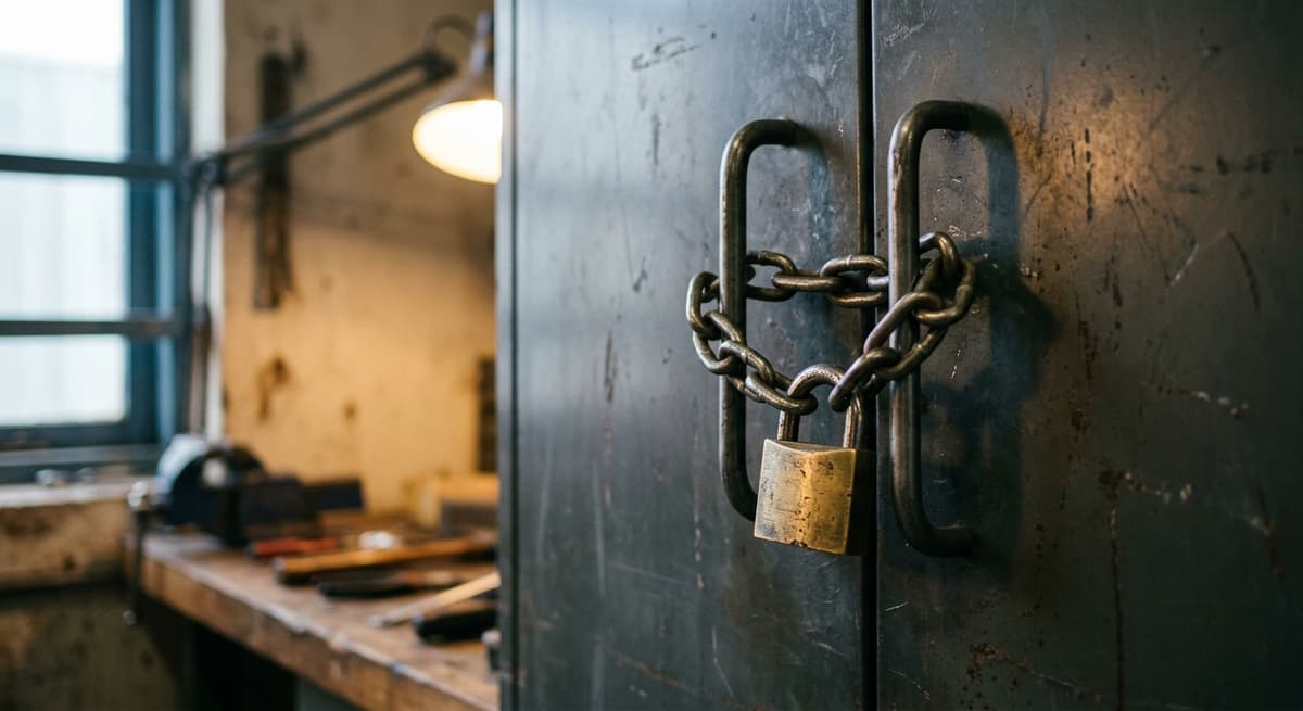 chain and brass padlock across a closed metal cabinet
