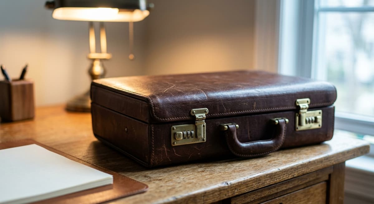 closed leather briefcase with brass combination latches