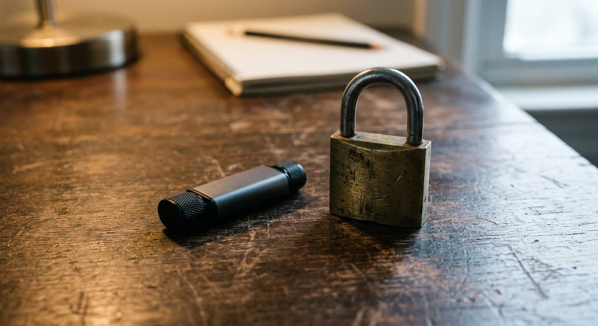 small USB drive beside a brass padlock