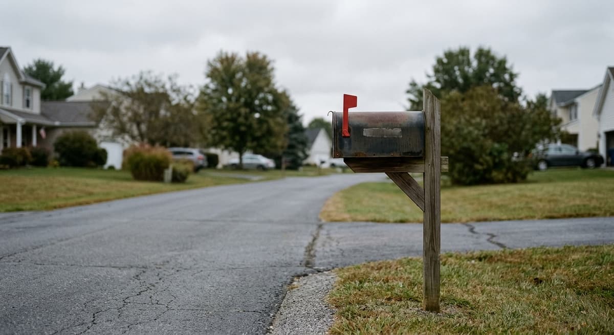 a mailbox with its flag up beside a suburban driveway, shallow depth of field, morning light