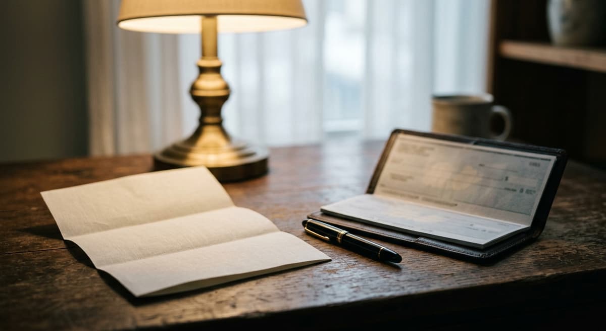a desk with a folded letter, a pen, and a checkbook, warm lamp light, all text blurred