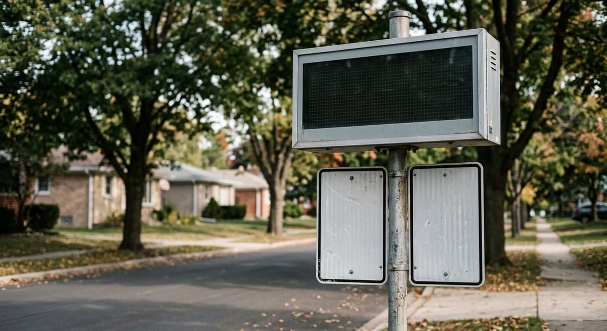 a radar speed feedback sign shape on a residential street with trees, display blank, no readable text