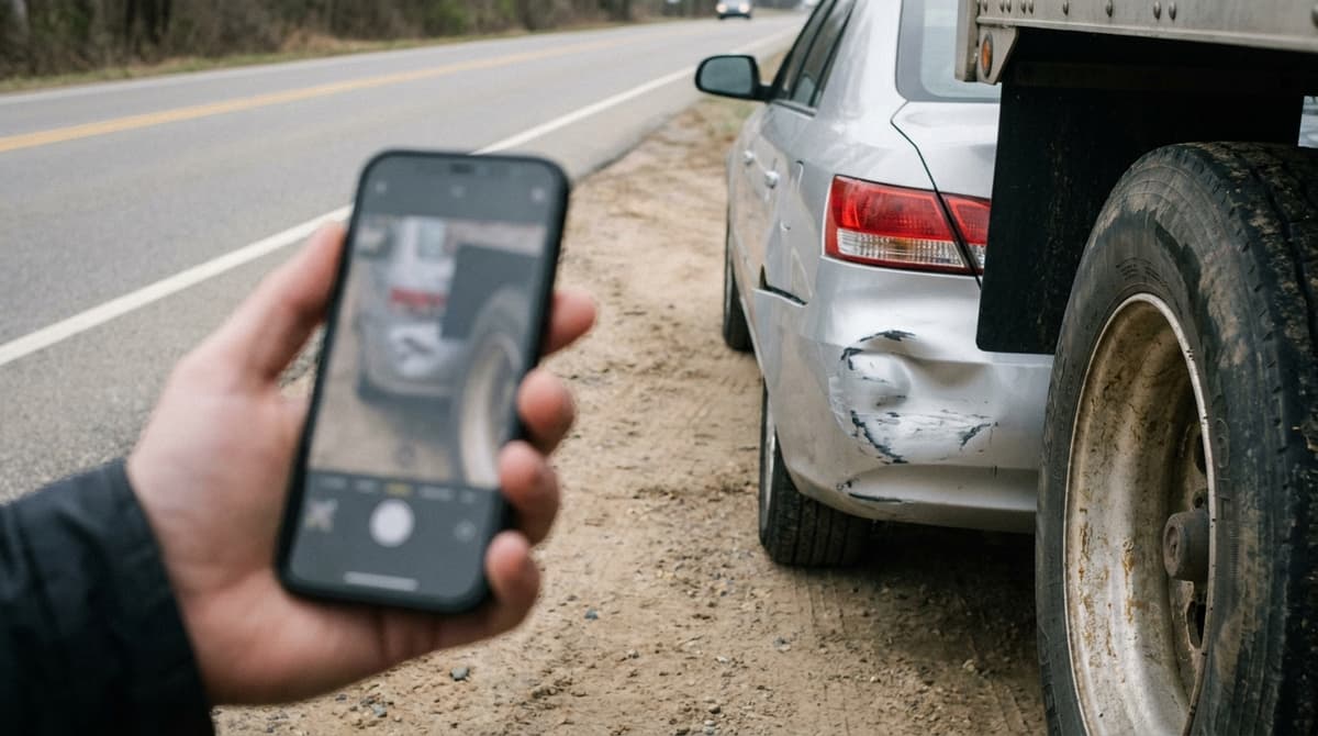 Hand holding a phone to photograph a dented sedan bumper beside a truck tire on a roadside