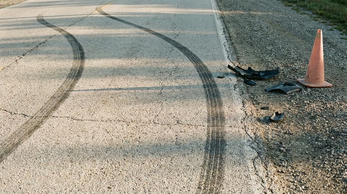 Curved tire skid marks on cracked asphalt with scattered plastic debris and an orange cone