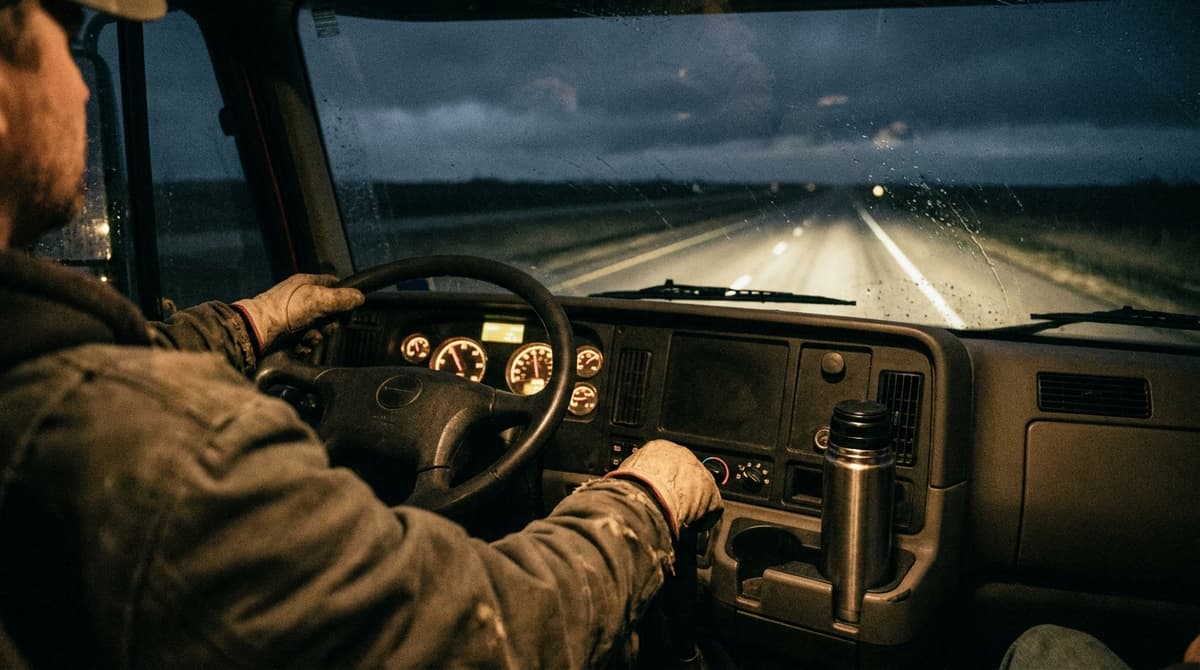 Truck driver in a work jacket gripping the steering wheel of a cab at night on an empty highway