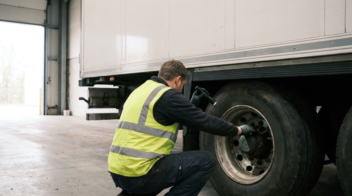 Worker in a high-visibility vest inspecting a semi-trailer wheel hub with a flashlight