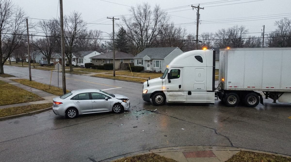 Silver sedan with front damage stopped beside a white semi-truck in a residential intersection with glass on the road