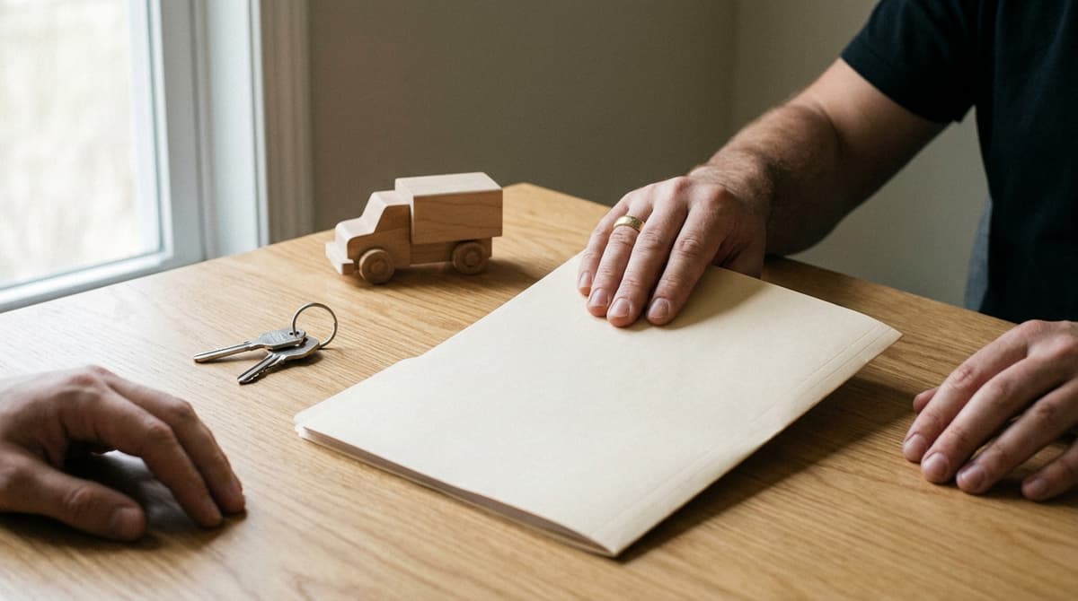 Hands resting around a closed blank folder, car keys and a small wooden toy truck on a table