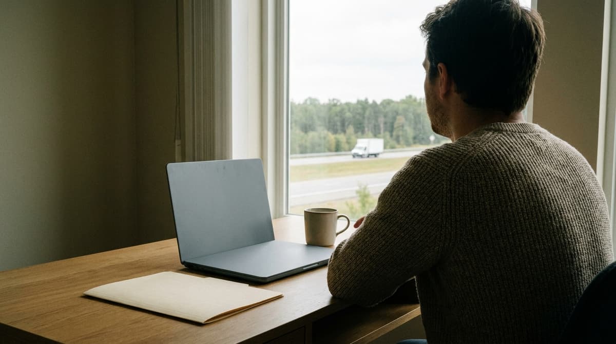 Person at a desk looking out a window toward a highway where a white truck passes, closed folder beside a laptop