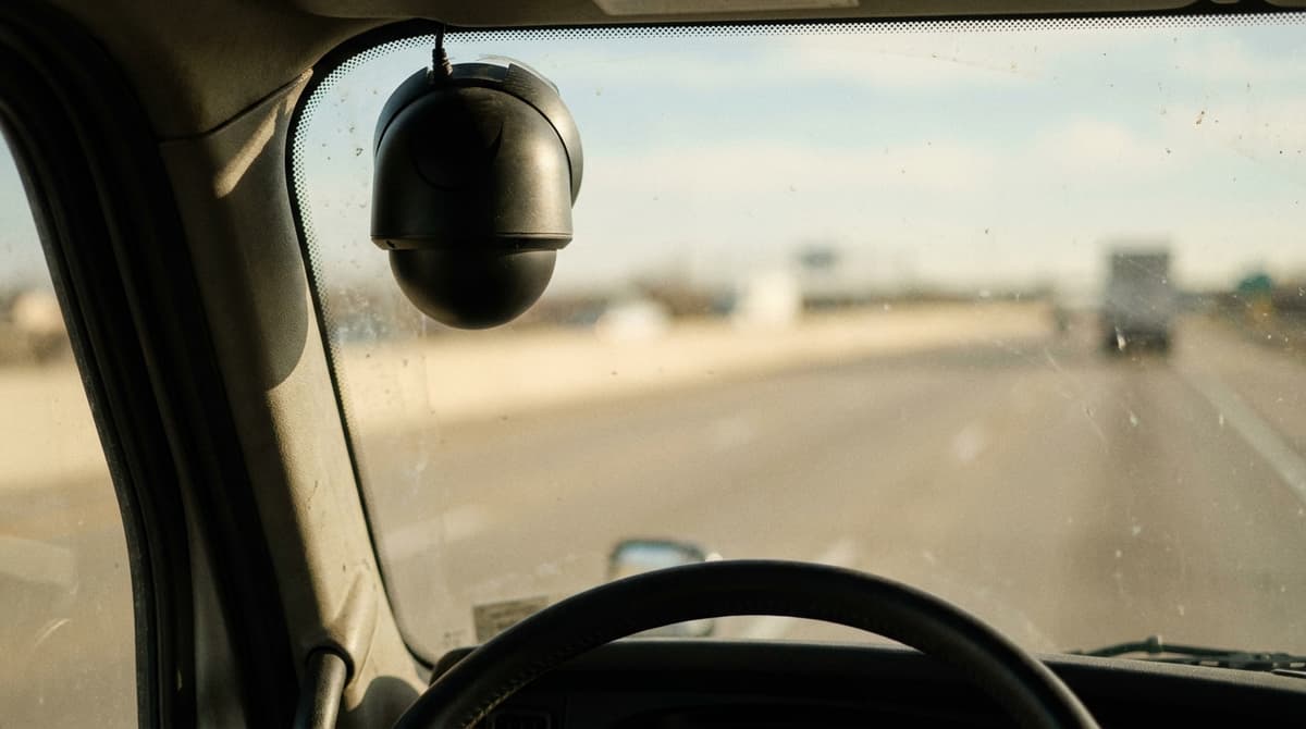 Plain black dome camera mounted at the top of a truck windshield with the highway ahead