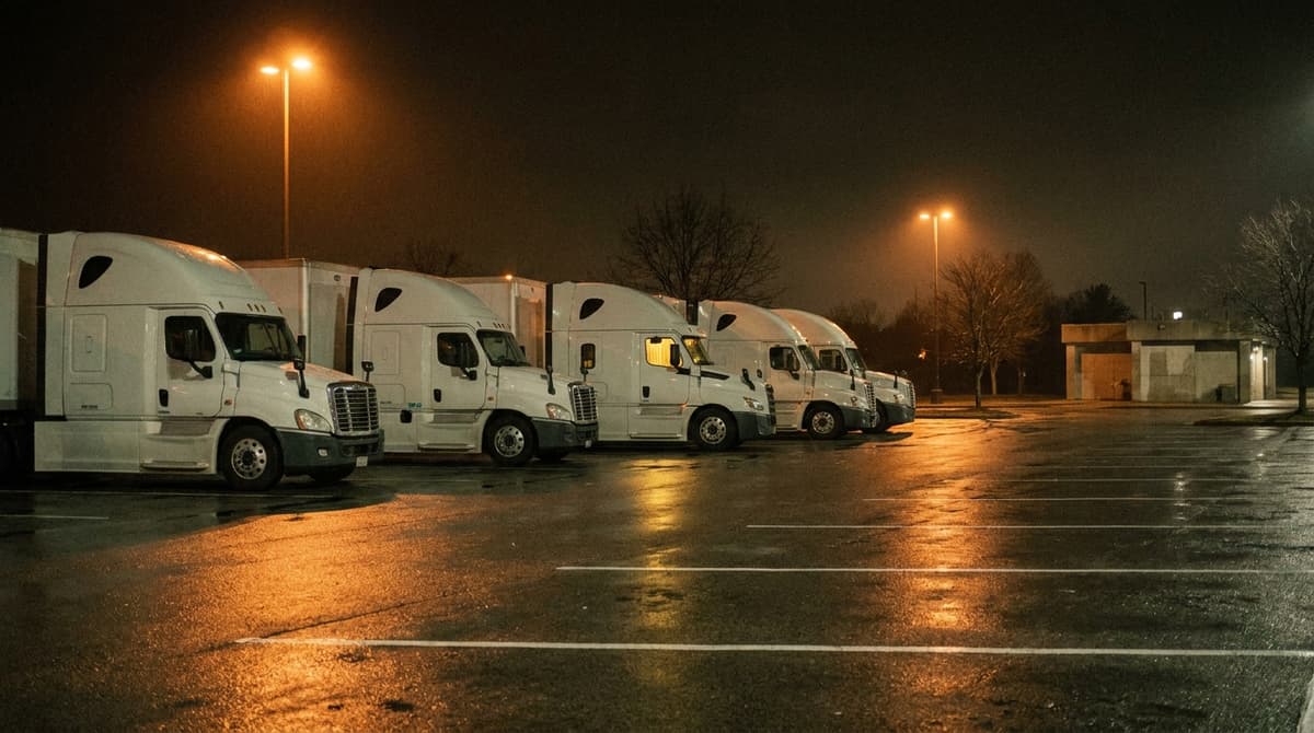 Row of white tractors parked at a rest area at night under orange lamps on wet pavement