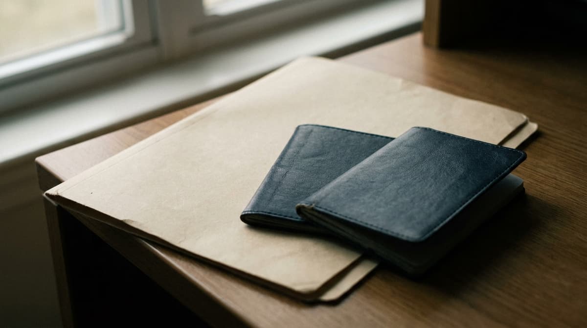 a plain manila folder and two closed passport-shaped navy booklets with no crest or text on a desk