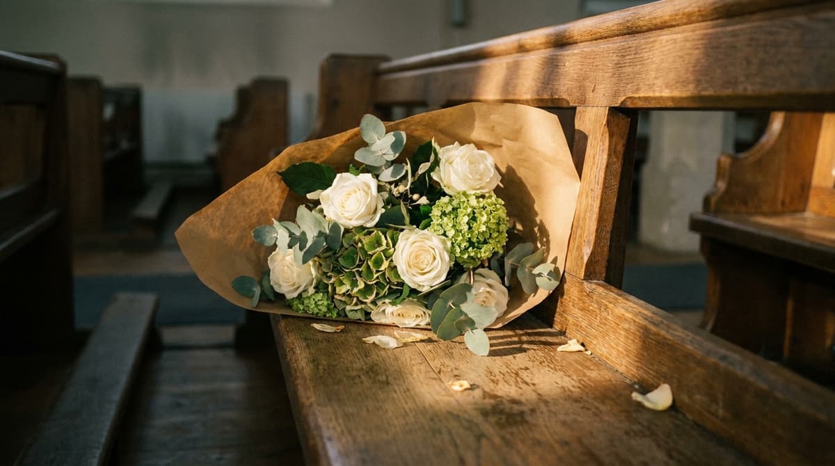 a bouquet of white and green flowers lying on an empty wooden pew, soft daylight, no people