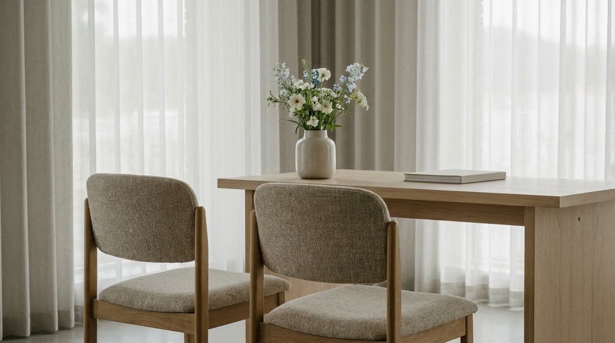 two empty chairs facing a simple table with a vase of flowers in a bright, modern ceremony room, no signs or readable text