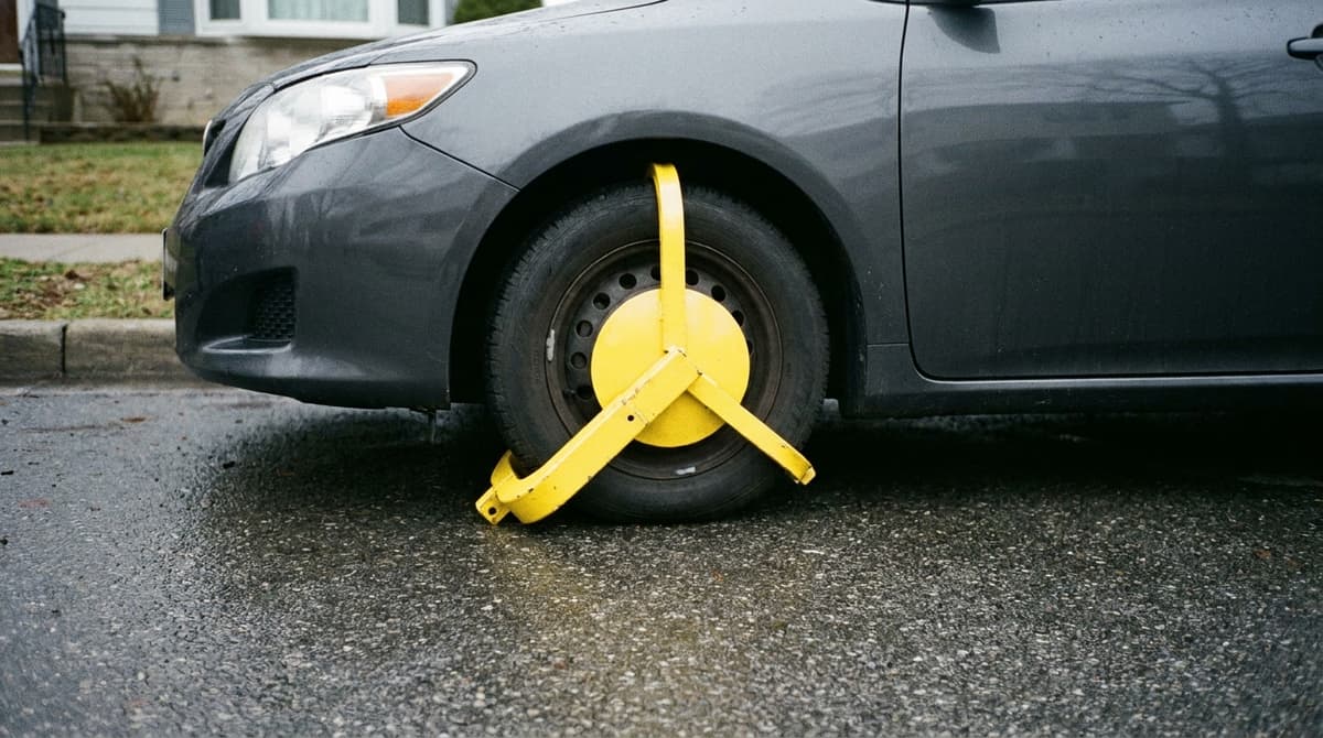 Yellow wheel clamp locked on the front wheel of a dark grey car parked on a residential street