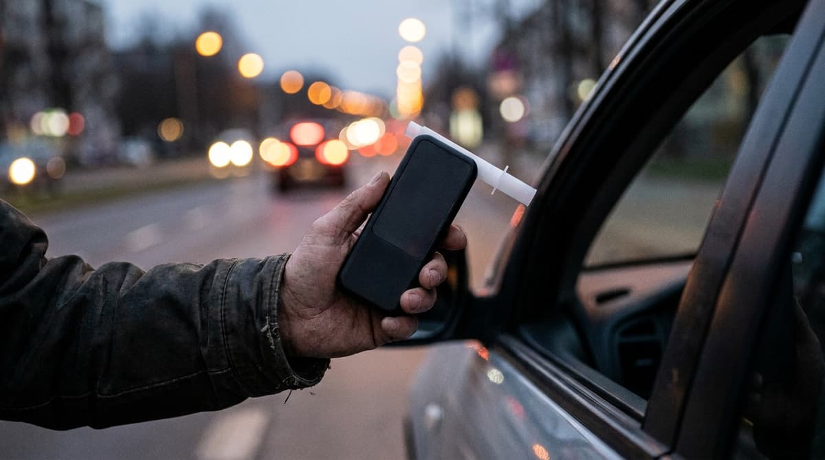 Hand holding out a plain black handheld breath-test device with a white mouthpiece at a car window at dusk