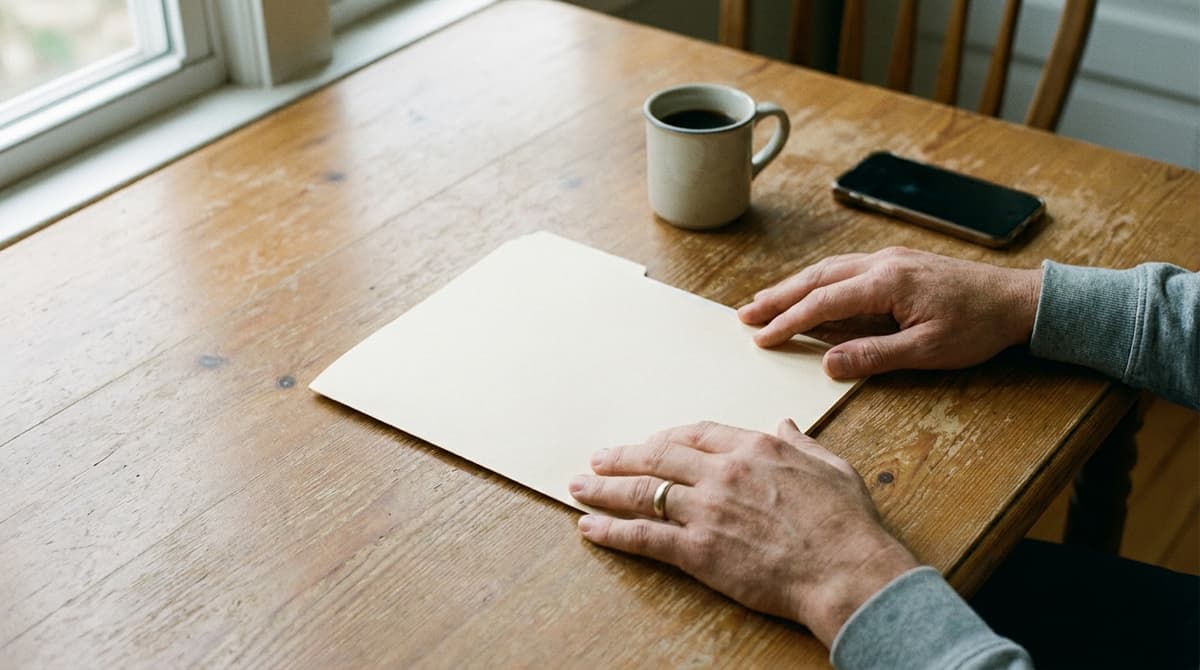Two hands resting on a plain closed folder on a wooden table beside a mug of coffee and a face-down phone