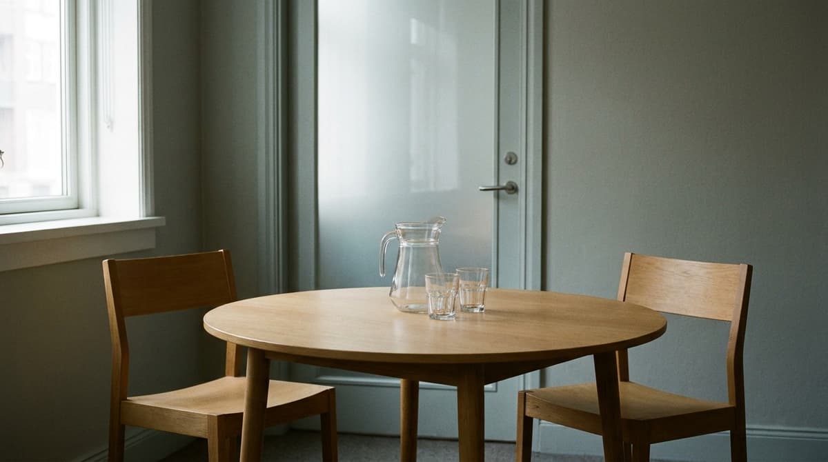 Quiet room with a round wooden table, a jug of water and two glasses, and two empty chairs facing each other