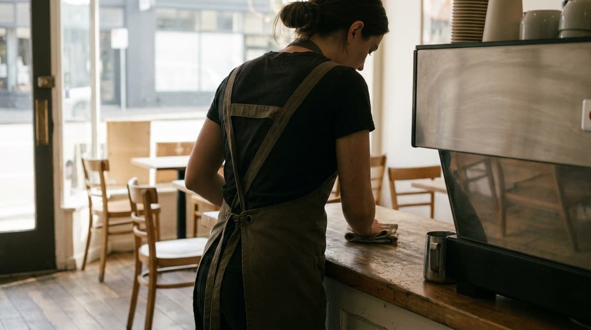 Cafe worker in a dark apron, seen from behind, wiping a wooden counter beside a steel espresso machine