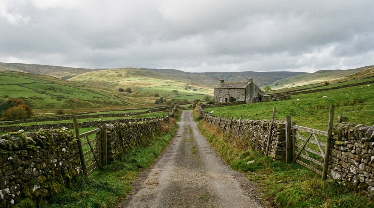 Narrow country lane between dry-stone walls with gates and sheep, a grey stone farmhouse among green hills