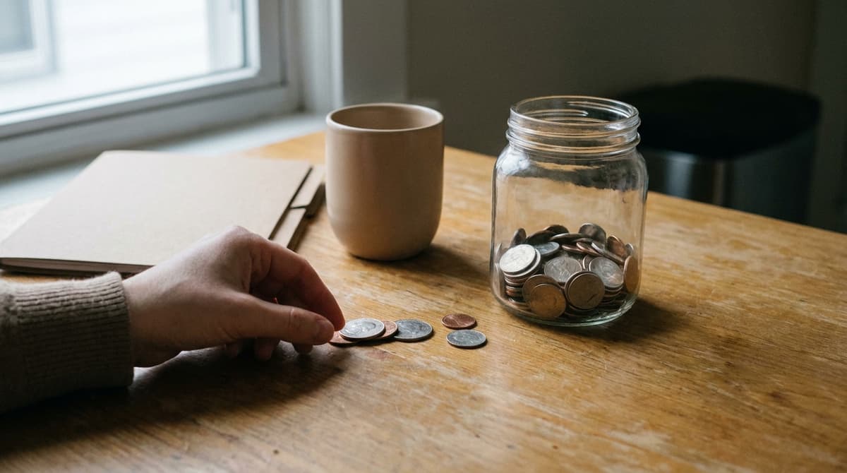 A hand sliding a few coins toward a glass jar of coins on a wooden table beside a closed folder and a mug