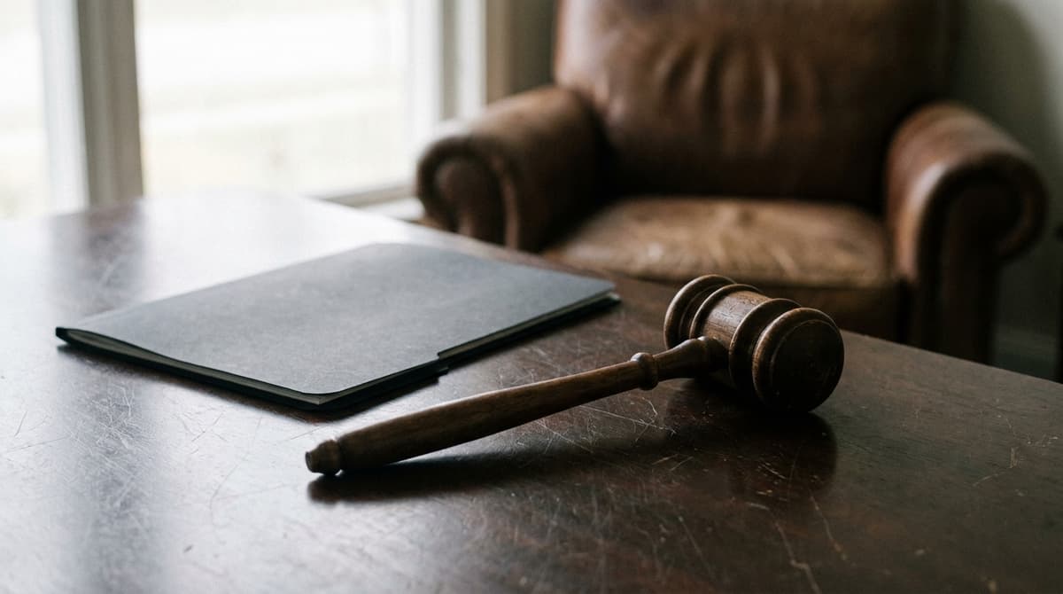 Wooden gavel and a closed black folder on a dark wooden desk in front of a leather armchair