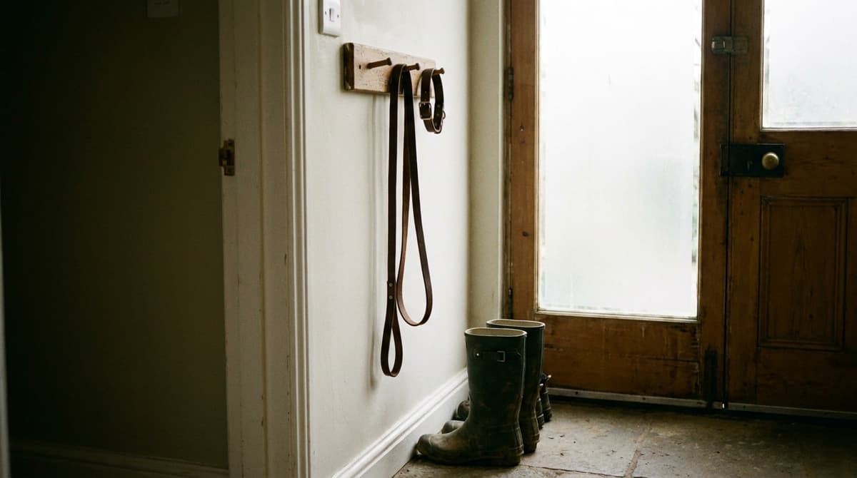 Dog lead and collar hanging from a wooden peg rail beside a front door, muddy wellington boots on the floor