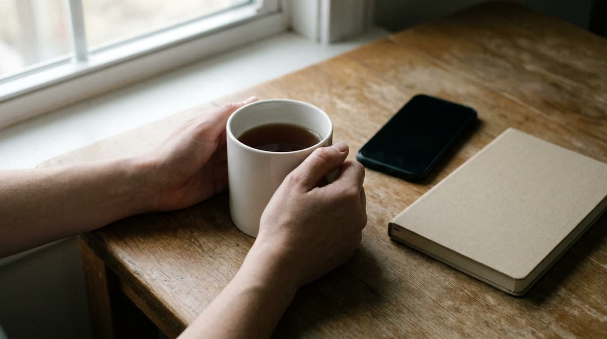 Hands wrapped around a mug of tea at a table beside a phone and a closed plain notebook